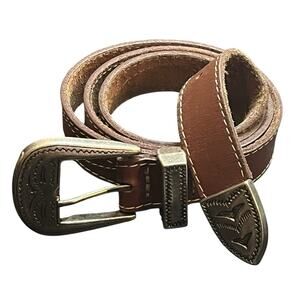 GAP Brown Genuine Leather Belt Ornate Silver Tone Buckle  Medium